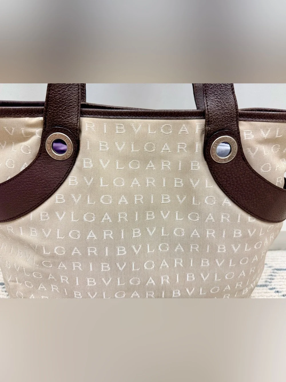 BVLGARI Vintage Y2K Brown Signature Logomania Monogram Canvas Tote Shoulder Bag